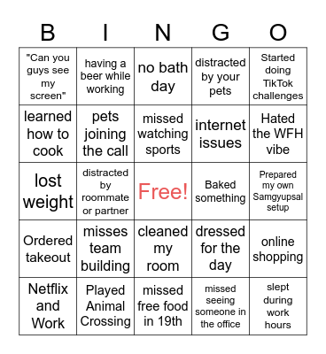 WFH/Quanratine Bingo Card