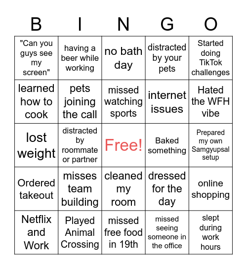 WFH/Quanratine Bingo Card