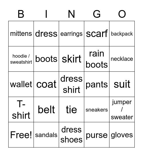 CLOTHING / ACCESSORIES Bingo Card