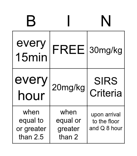 SEPSIS Bingo Card