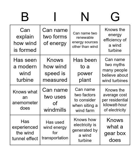 Wind Energy Bingo Card