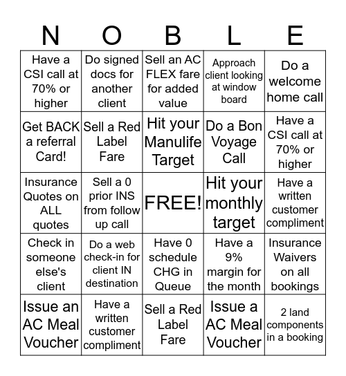 Noble Warrior  Bingo Card