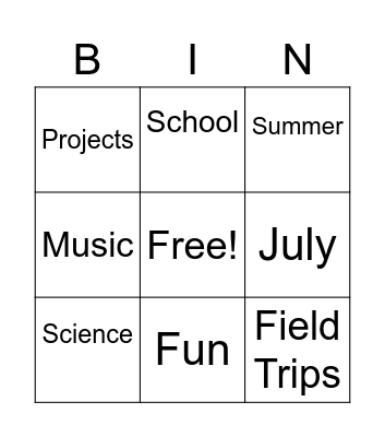 Summer School 1 Bingo Card