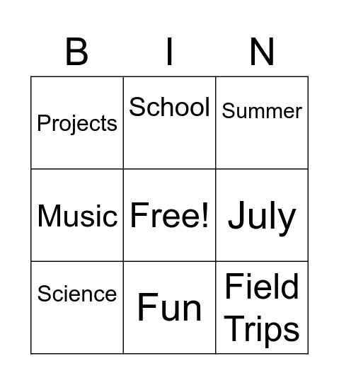 Summer School 1 Bingo Card