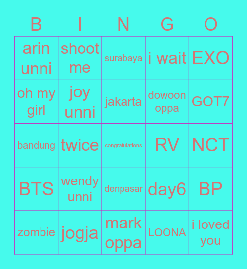 Sungjin Oppa Spesial Bingo (katanya) Bingo Card