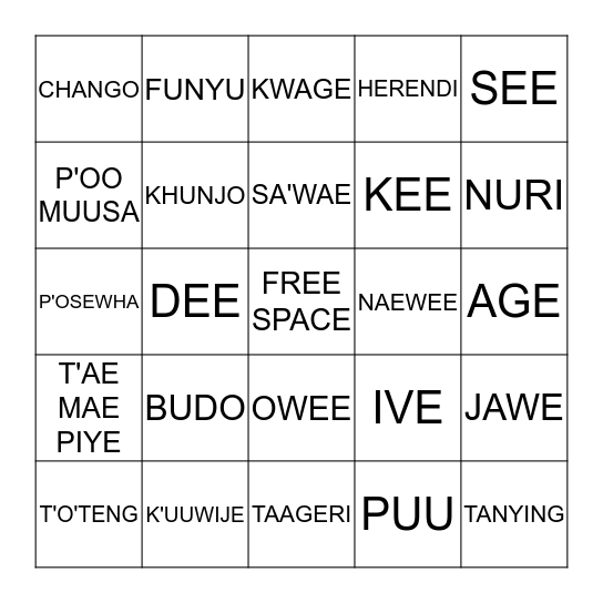 Tewa Words Bingo Card