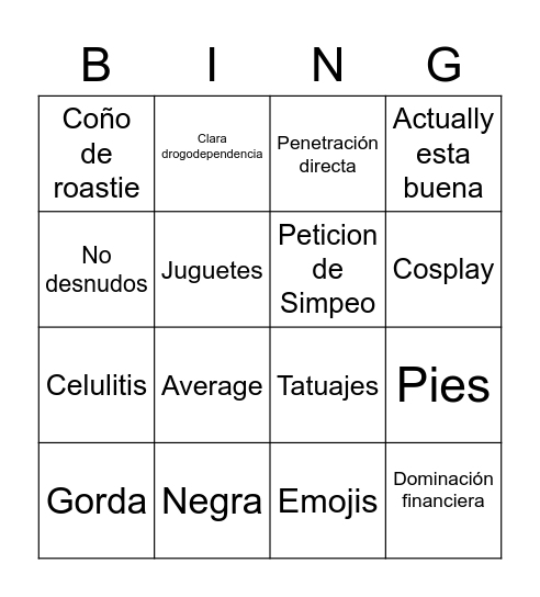 ONLYFANSS Bingo Card