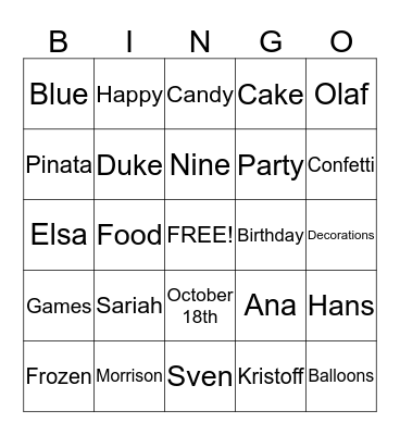 Sariah's 9th Birthday Bingo Card