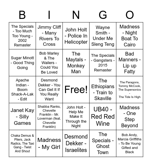 Reggae/SKA Bingo Card