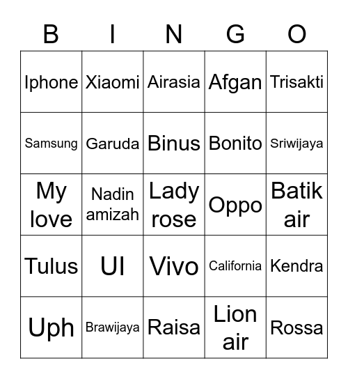 Utara’s Bingo Card