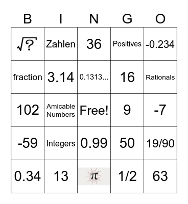 Real Numbers Bingo Card