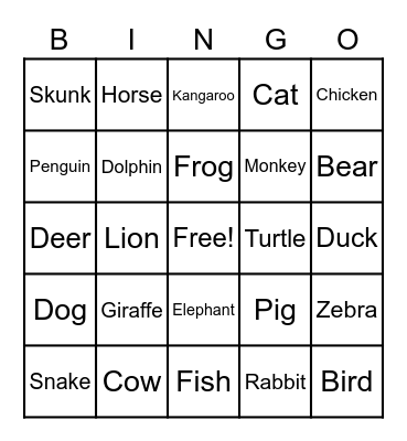 Animal BINGO Card