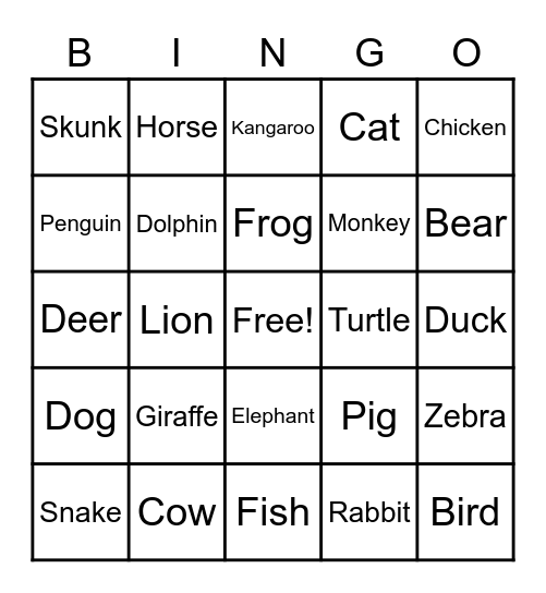 Animal BINGO Card