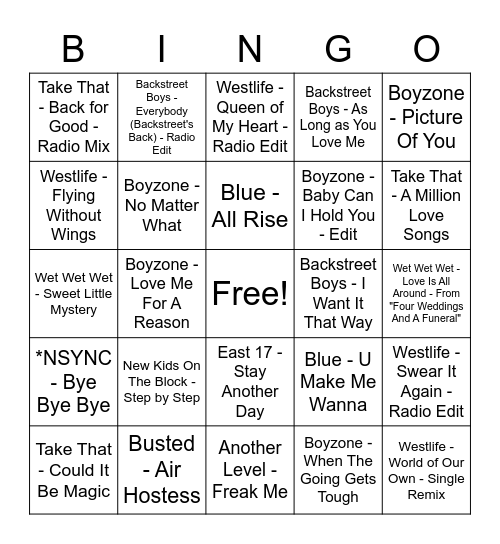 Boybands Bingo Card