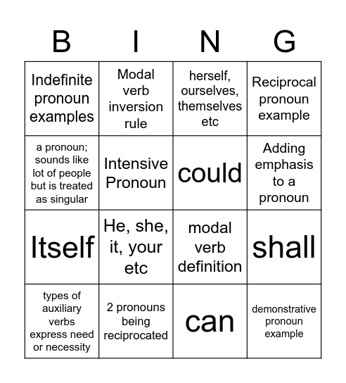 Grammar Bingo Card