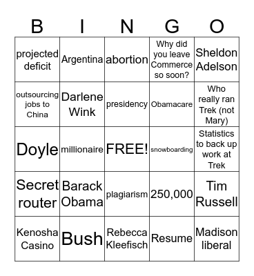 Walker/Burke Debate Bingo - Words one or the other hopes don't come up Bingo Card