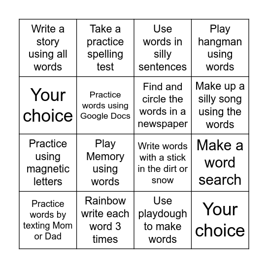 Spelling Word Practice Bingo Card