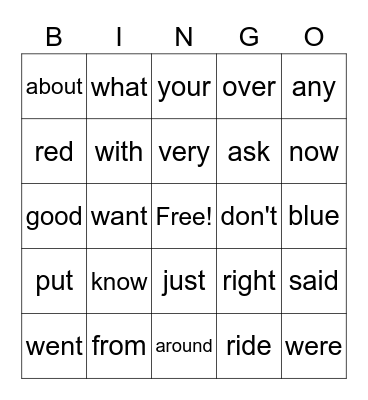 Ava's Sight Words Bingo Card