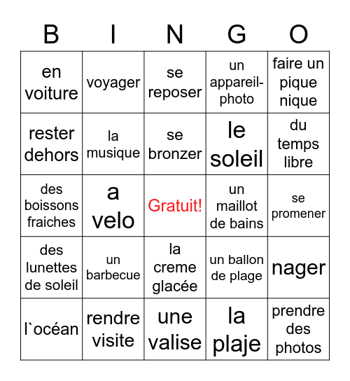 Les vacances d'été Bingo Card