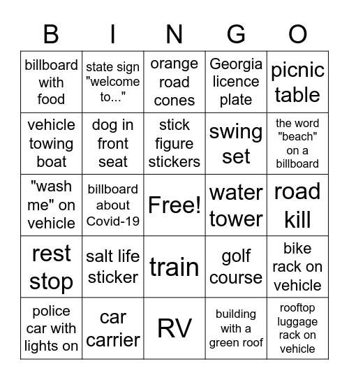 ROAD TRIP BINGO! Bingo Card