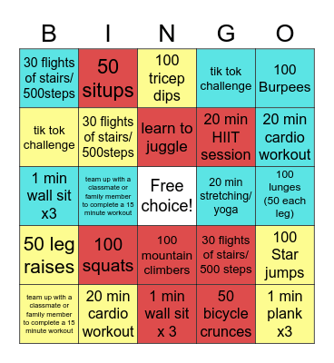 Indoor Fitness Challenge 7/8 Bingo Card