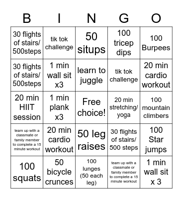 Indoor Fitness Challenge 7/8 Bingo Card