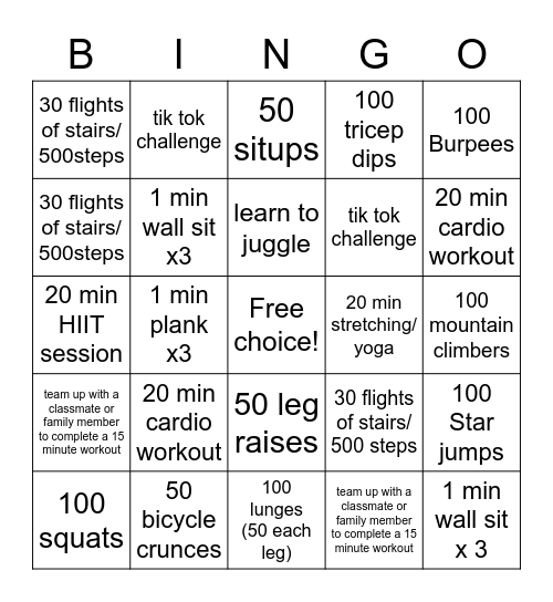 Indoor Fitness Challenge 7/8 Bingo Card