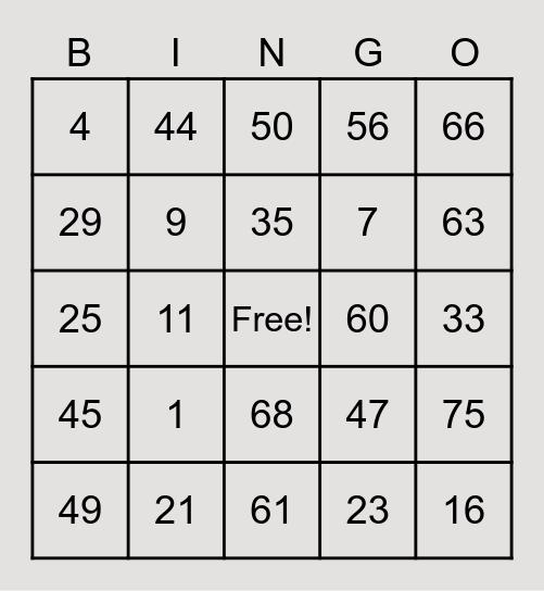 PAT CARD #1 Bingo Card