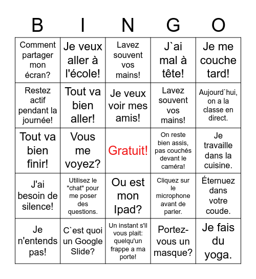 L`apprentissage à distance  2020 Bingo Card