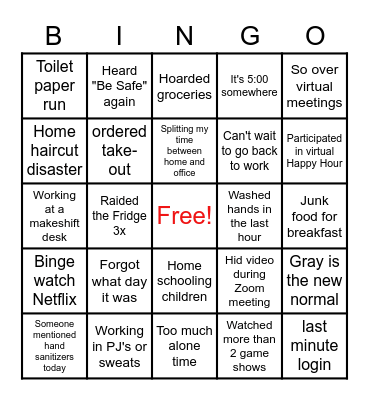 Pandemic Bingo Card