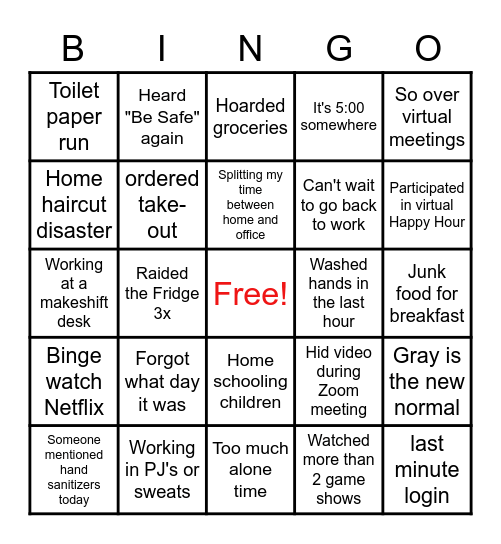 Pandemic Bingo Card