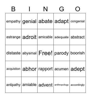 Patrick's Card, SAT words Bingo Card