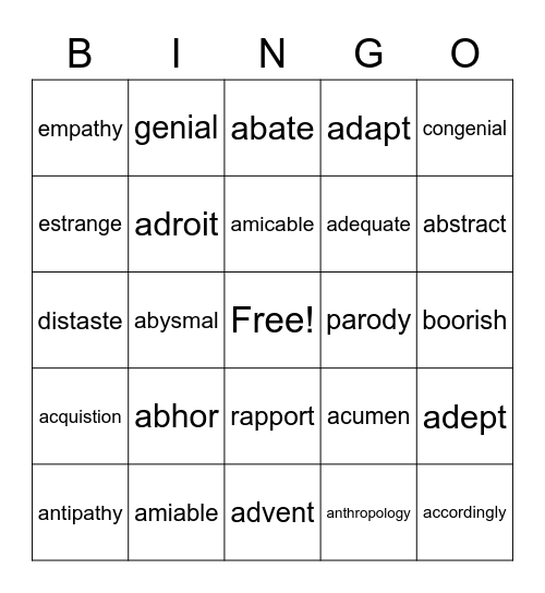 Patrick's Card, SAT words Bingo Card