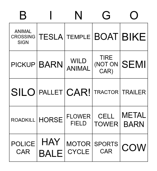 driving bingo Card