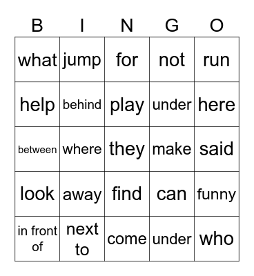 Sight Words Bingo Card