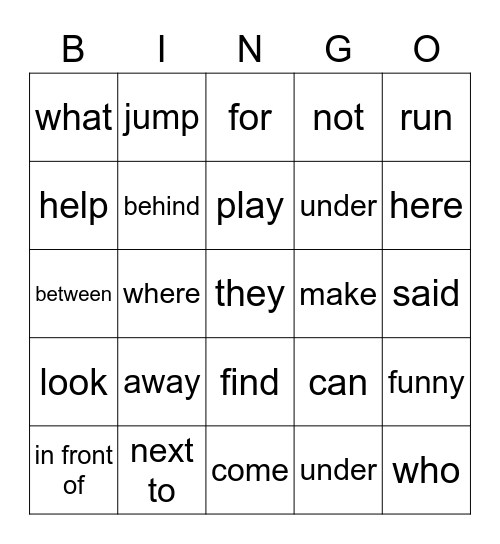 Sight Words Bingo Card