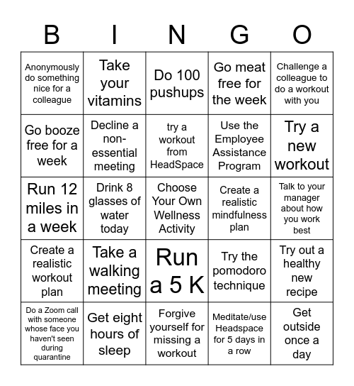 July Wellness Challenge Bingo Card