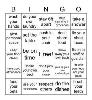 Following Directions Bingo Card