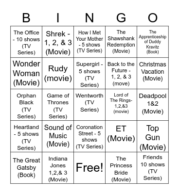 Movie/Book/TV Show Bingo Card