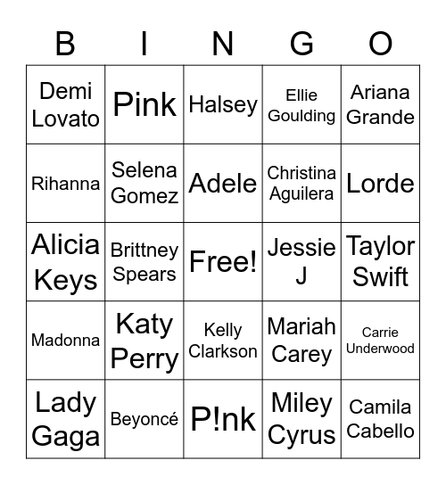 Top Hits (Female Artists) Bingo Card
