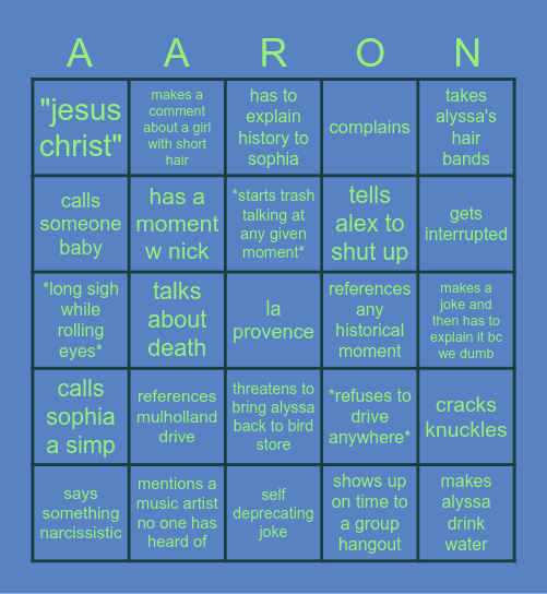 Aaron Bingo Card