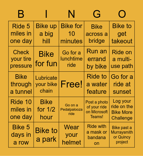 Bike More Challenge Bingo! Bingo Card