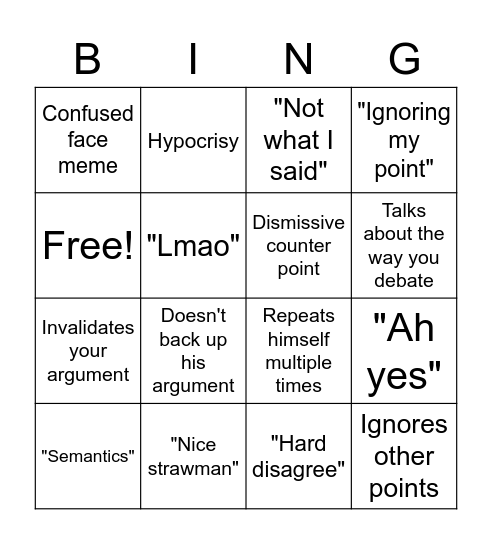 Argument Will BING Bingo Card