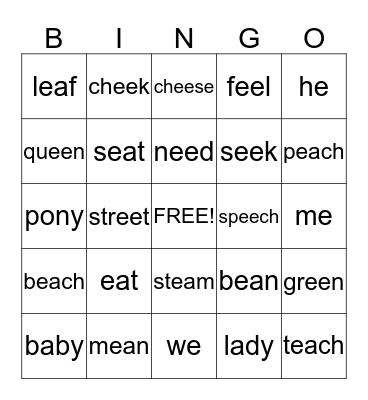 Long e (e, ea, ee, y) words Bingo Card