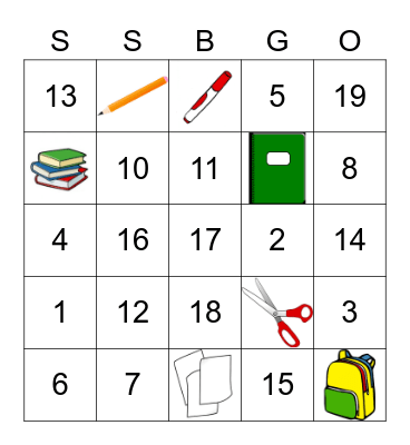 School Supplies (Pic) + Numbers 1-20 Bingo Card