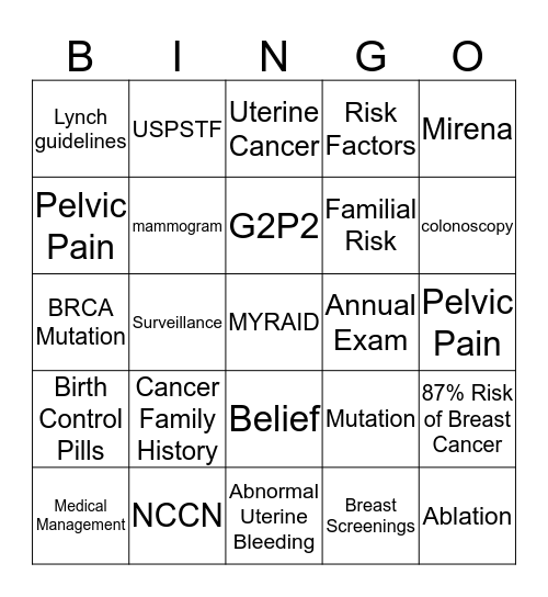 Myraid University Bingo  Bingo Card