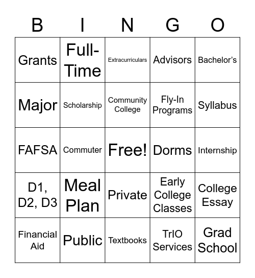 College Readiness Bingo Card