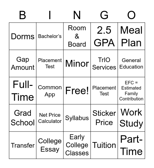College Readiness Bingo Card
