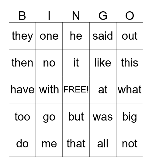 Sight Word Bingo Card