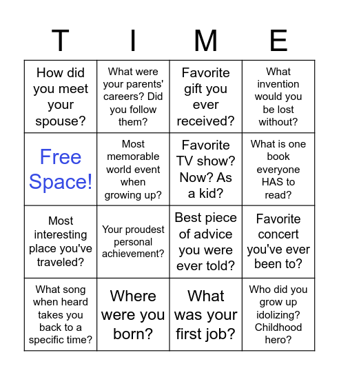 Reminiscence Time! Bingo Card
